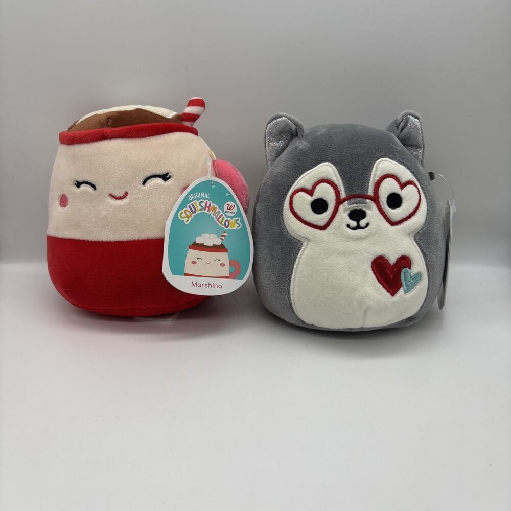 Squishmallow 5" Ryan the Husky With Hearts Glasses + Marshina Plush NWT Set Of 2